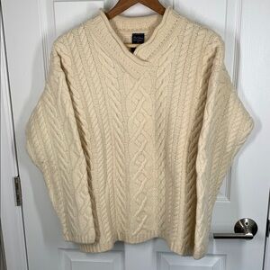 Paul James ivory wool v-neck cable knit fisherman’s sweater jumper size medium